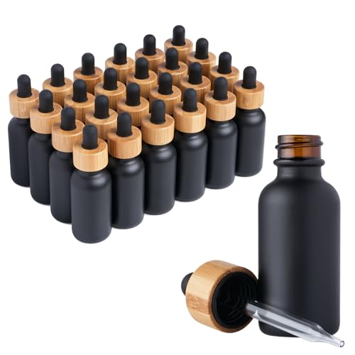 Black Boston Round Dropper Bottles - 1 oz Reusable Glass with Bamboo Cap - 24 Pack