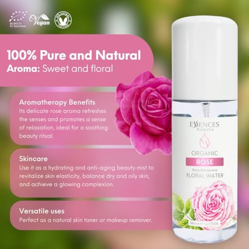 Essences Bulgaria | Organic Rose Floral Water 8.5 Fl Oz | 250ml | Rosa damascena | 100% Pure and Natural | Anti-Age Refreshing Beauty Mist | Alcohol-Free | Makeup Remover | Hydrating | Vegan