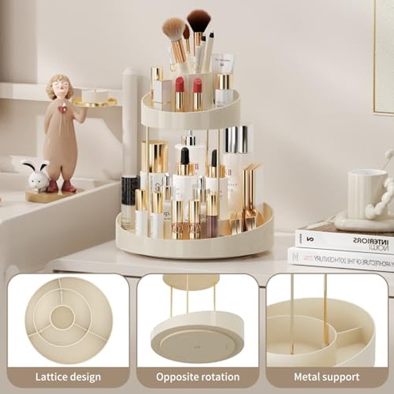 2 Tiers Rotating Makeup Organizer, Large Makeup Organizer for Vanity, Countertop Storage Shelf for Cosmetics, Skincare, Makeup Brush - Warm White