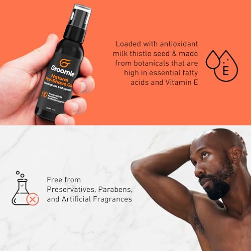 GROOMIE Natural Pre-Shave Oil for Bald Headed Men and Women | Specially Formulated Plant Based Recipe with Milk Thistle Seed, Essential Oils, Antioxidants, and Vitamin E | Promotes Close Shave -1 OZ