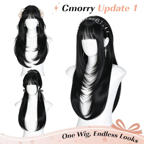 Black Layered Wig with Bangs for Women - 26 Inch Synthetic Long Hair, Realistic Scalp, Glueless & Heat-Resistant, Lightweight & Trendy - Cmorry