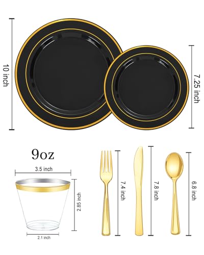 bUCLA Black & Gold Disposable Dinnerware Set 600pcs - Elegant Party Plates & Cutlery