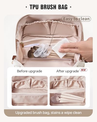 EACHY Travel Makeup Bag - Floral Cosmetic Organizer for Women, Beige, Large, AB-Beige