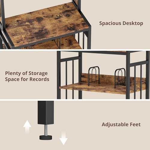 Wooden Record Player Stand with Storage and Power Outlets - Space Saving Vinyl Rack