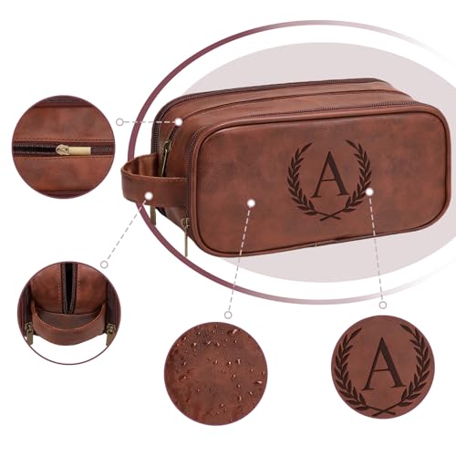 Men's PU Leather Travel Toiletry Bag with Engraved Initials, Waterproof, Red Brown A