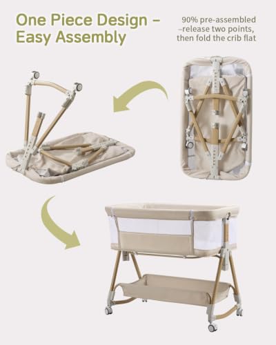 Baby Bassinet Bedside Crib - 3-in-1 Rocking & Folding Bed with Wheels, Adjustable Height, Mesh Sides - Beige