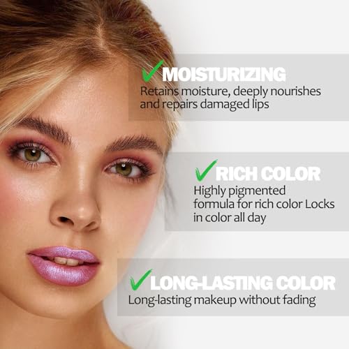 Shimmer Metallic Lipstick, High-Pigment Full Coverage Lip Color, Long-Lasting Waterproof Smudge Proof, Lightweight Hydrating Creamy Formula Metallic Frosted Lipstick for Women Girls