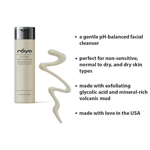 Raya Glycolic Mud Facial Cleanser with AHA 8 oz (G-103) | Exfoliating pH Balanced Facial Cleansing Fluid for Non Sensitive, Dry and Combination Skin | Made with Alpha Hydroxy Acid and Volcanic Mud