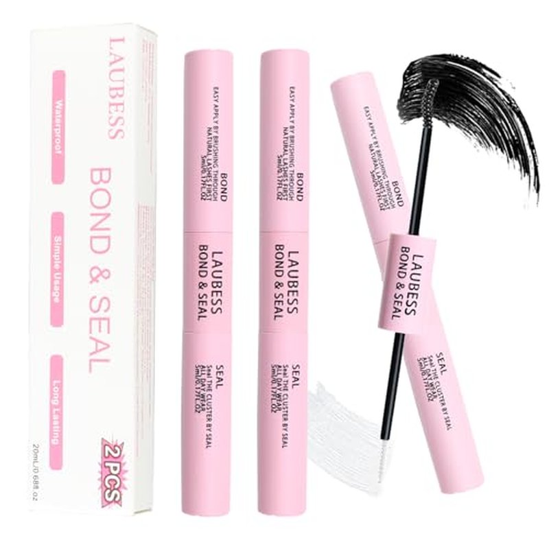 Lash Bond and Seal Waterproof 2Pcs LAUBESS Lash Glue for Eyelash Clusters 2 in 1 Lash Cluster Glue Adhesive Eyelash Glue Home Use Strong Hold 72H 10ml*2