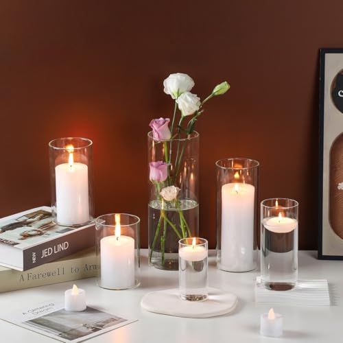UDU 16 Pack Set of 4-10 Inch Clear Glass Cylinder Vases with Floating Candles for Wedding & Home Decor
