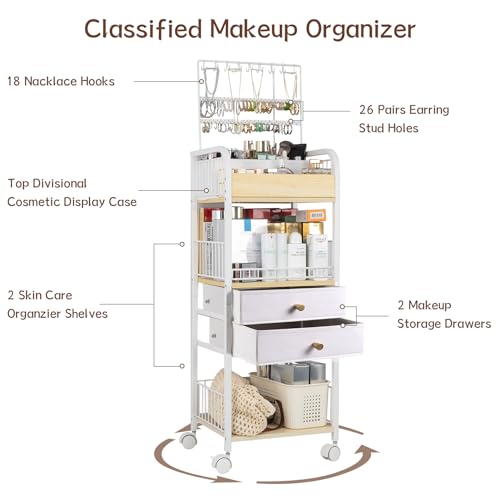 YGJT Makeup Organizer, Floor Skincare Cosmetics Organizer with Drawers, Jewelry Organizers and Storage for Earring Necklace, Vanity Organizer for Skin Care Perfume Makeup Brush Nail Polish Hair Tool