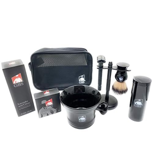 G.B.S Grooming Gift Set - Black Adjustable Double Edge Safety Razor, Shaving Mug, Shave Brush Razor Stand, Razor, Travel Toiletry Bag, Lavender Aftershave Balm and Natural Shaving Soap