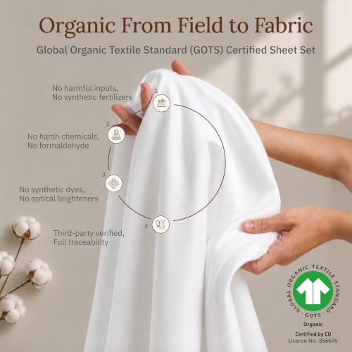 California Design Den Organic Cotton Sateen Queen Bed Sheet Set - White, GOTS Certified