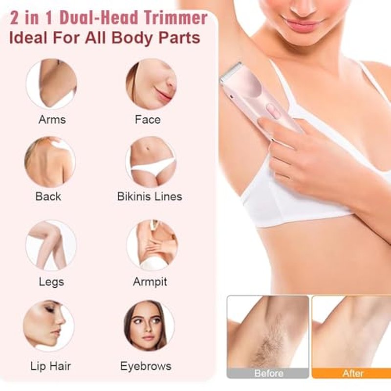 Bikini Trimmer for Women,2 in 1 Dual Head Bikini Shaver & Body Shaver,Cordless & Waterproof Electric Bikini Trimmer for Women, Painless Hair Removal with Silky Glow Finish,Pink3