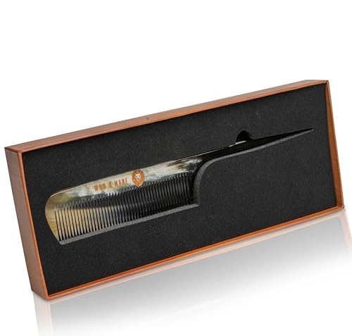 MAN & MANE Premium Oxhorn Anti-Static Fine Tooth Rat Tail Comb (Fine Tooth, Rat Tail) 100% Oxhorn