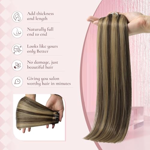Hyssiet 12 Inch Clip-In Human Hair Extensions #4P27, 55g Thick Straight Chocolate Brown with Caramel Highlights