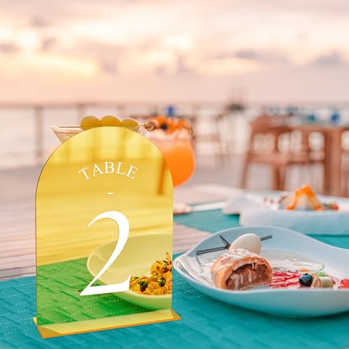 Wedding Table Numbers 1-40 with Stands - Gold Acrylic Arch Design, White Font - Variation of Gold White Font / Table Number 1-40