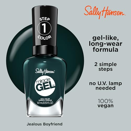 Sally Hansen Miracle Gel Salon Quality Nail Polish | Gel-Like Formula, Two-Step System, No UV Light Needed, Long Lasting | Opaque, Glossy | 676 Jealous Boyfriend | Dark Green Nail Polish