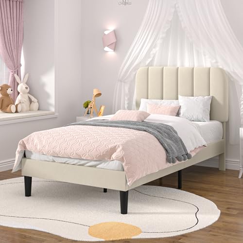 Twin Size Upholstered Bed Frame with Adjustable Headboard - Bone Beige