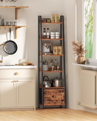 Rustic Brown 6-Tier Ladder Shelf with Fabric Drawer - Tall Storage Organizer