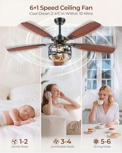 52 Inch Ceiling Fan with Lights and Remote - Dual Finish Blades, Quiet Reversible Motor, Flush Mount for Living Room, Kitchen & Porch