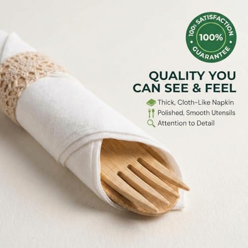 Pre-Wrapped Bamboo Cutlery Set – 100 Pack Disposable Utensils with Napkins – Forks, Knives, Spoons – Eco-Friendly Party & Wedding Supplies