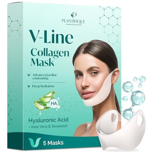 PLANTIFIQUE Gua Sha Facial Tools - Massage Tool - Jawline Sculptor and V-Line Collagen Mask for Face 5 PCS, Chin Strap for Women & Men, V Line Lifting Mask with Collagen