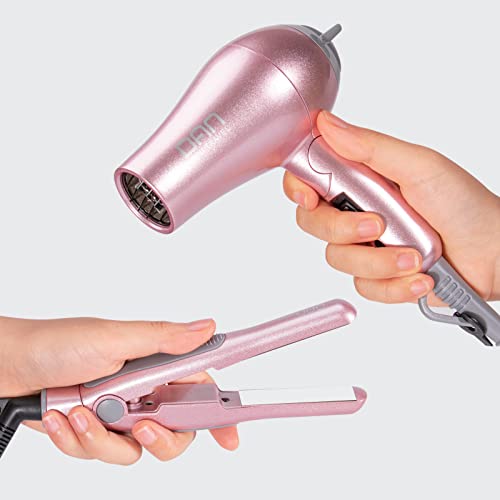 Travel Hair Dryer and Flat Iron Set with Compact Case - Dual Voltage Mini Styling Tools