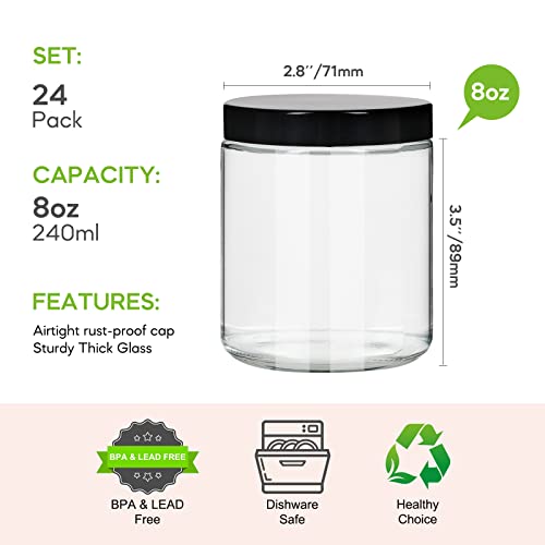 EkkoVla 24 Pack 8 oz Clear Round Glass Jars with 24 Black Lids, Candle Making Jar, Empty Refillable Cosmetic Containers for Lotions, Face Creams, Body Butter, Powders, Ointments, Beauty Products