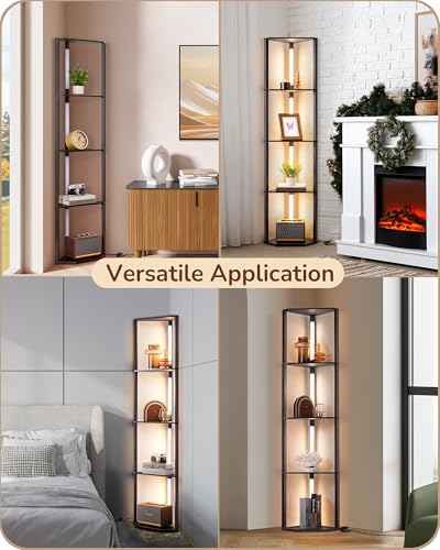 Corner Floor Lamp with Wooden Shelf - Black Walnut 64 Inch Modern LED Lighting
