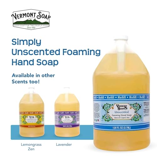 VERMONT SOAP Organics Foaming Hand Soap, Liquid Soap with Pre-diluted Formula - Ready to Use Simply Unscented Hand Soap With Convenient and Economical Gallon Refill Size