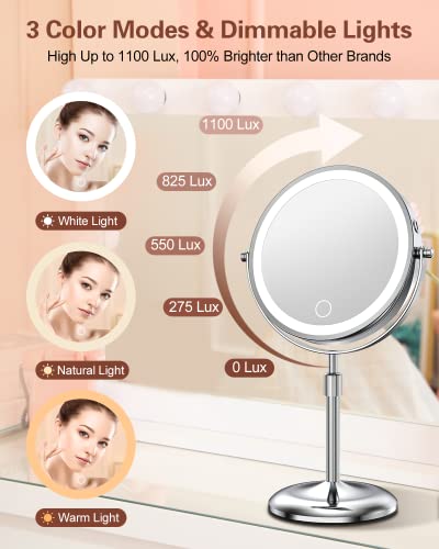 Benbilry Silver 7-Inch Lighted Makeup Mirror with 10X Magnification & Adjustable Height