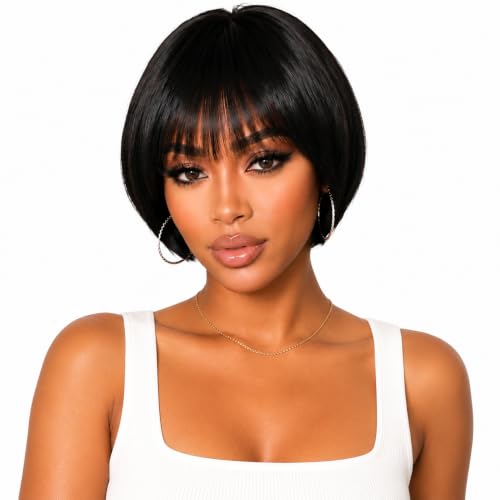 8 Inch Natural Color Human Hair Wigs with Bangs - HD Lace Front Bob Wig for Black Women