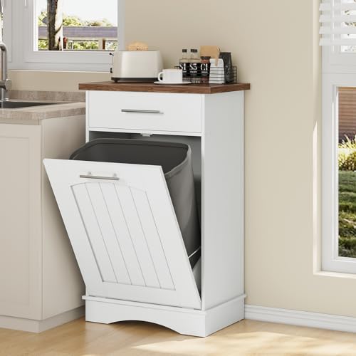 HOOBRO 10 Gallon Tilt Out Trash Cabinet White Walnut - Kitchen & Laundry Storage