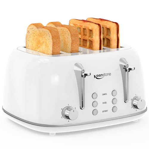 Keenstone 4-Slice Retro Stainless Steel Toaster White - Dual Controls & Wide Slots