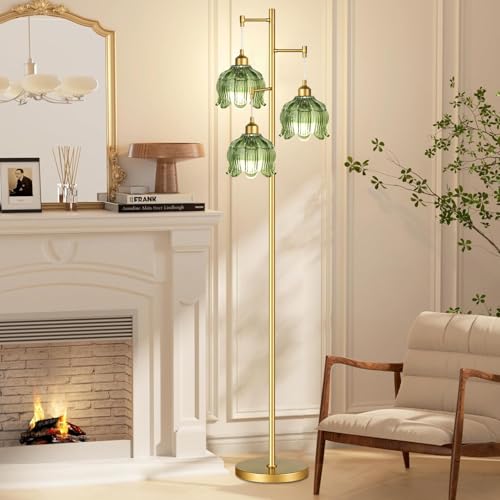 ZECOXOL Green Glass 3-Light Mid-Century Floor Lamp with Brass Tall Stand