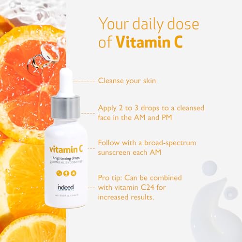 Indeed Labs Vitamin C Brightening Drops | Lightweight Vitamin C Facial Serum | Encapsulated Ascorbic Acid for 15x Absorption | with Moisturizing Tamarind Seed Extract & Biosaccharide Gum-1, (1 Fl Oz)