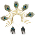 Peacock Feather Gold Halo Crown Headband with Earrings - Bridal Festival Cosplay