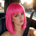 Pink Hot Bob Wig for Women - Short Synthetic Straight Wig with Bangs, Adjustable Fit