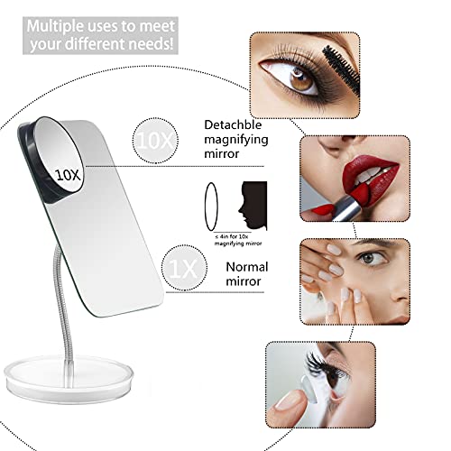 Desk Makeup Mirror with Detachable 10x Magnification,360¡Æ Rotation Flexible Gooseneck Mirror with Stand,Tabletop Cosmetic Mirror,Good for Shower Shaving Traveling-Rectangle