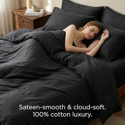 Egyptian Cotton Duvet Cover Set King Size Black Moonless Night Sateen Weave