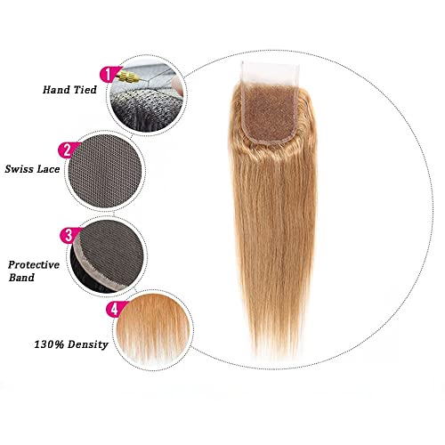 Isufer 18 Inch Honey Blonde Closure 27# Straight Brazilian Virgin Human Hair