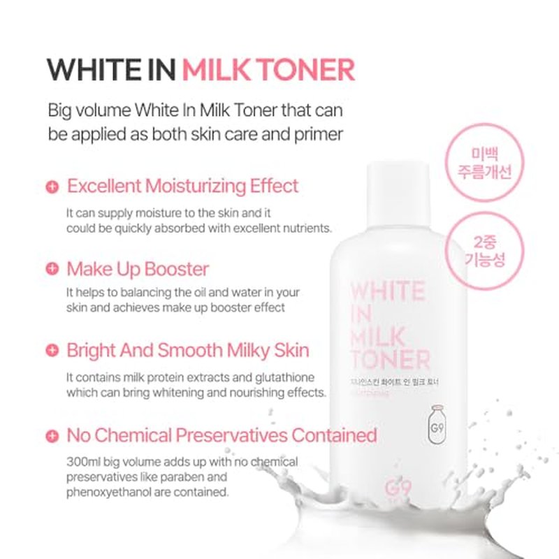 G9SKIN White in Milk Toner 300ml ? Lightweight Daily Hydrating Milk Toner, Balancing & Moisturizing Facial Toner for Dry and Sensitive Skin, Korean Skincare