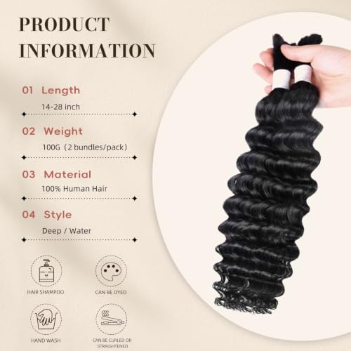 Deep Wave Boho Human Hair for Braiding - 20 Inch, 100g, Unprocessed & Tangle-Free - Variation #1B