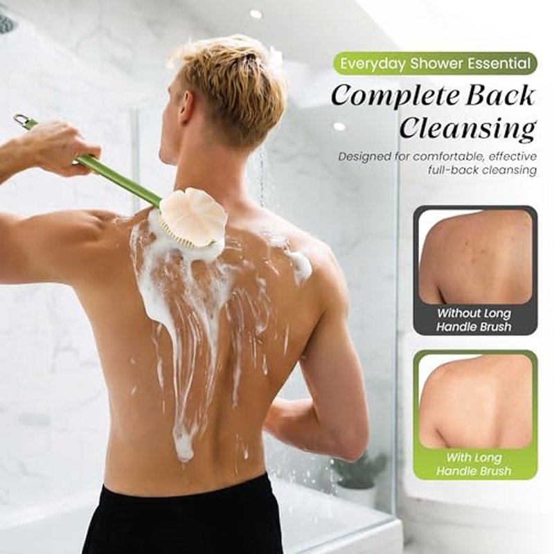 Back Scrubber for Shower with Long Handle (15.7¡±) ? Dual-Sided Bath Brush with Loofah Sponge, Replaceable Heads, Easy Reach for Back & Body, Includes 2 Wall Hooks