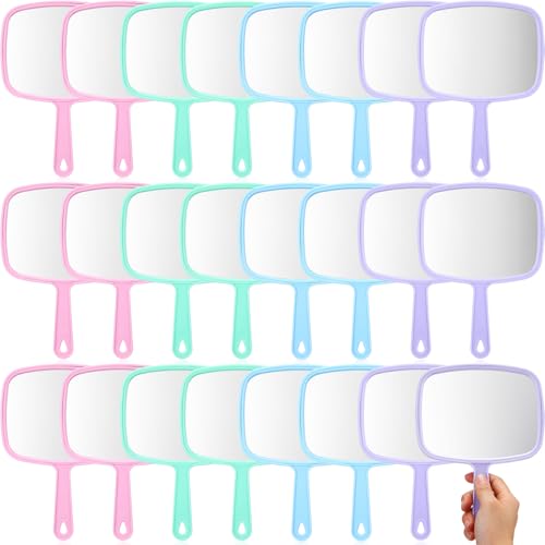 Geetery 24 Pcs Hand Held Mirrors with Handles Hand Makeup Mirrors Bulk Wall Mount for Women Cosmetic Bathroom Home Barber Salon Travel Portable Beauty School Gift, 6.69 x 9.45 Inch (Pastel)
