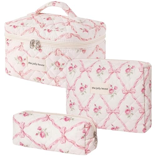 LAKSMI 3PCS Cotton Quilted Floral Makeup Bag Set for Women, Cute Make Up Bags with Brush Pockets, Large Wide-Open Toiletry Pouch Gifts for Toiletries Accessories Travelling Essentials