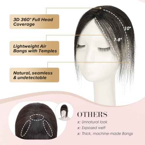 10 Inch Human Hair Toppers with Wisp Side Bangs Clip-in Full Cover Lace Base - Natural Black