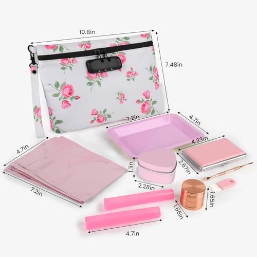 Pink Rose Travel Pouch - Waterproof with Combination Lock, 8 Accessories and Gift Box