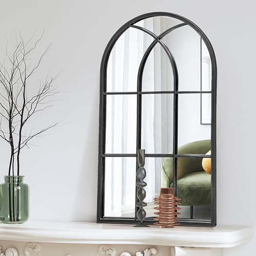Dewfig Arched Wall Mirror 42x24 Inch Windowpane Mirror Black Variation of Windowpane-qm